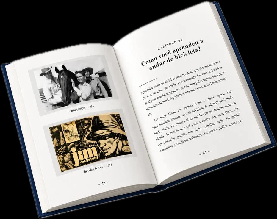 Livro aberto, com fotos e texto