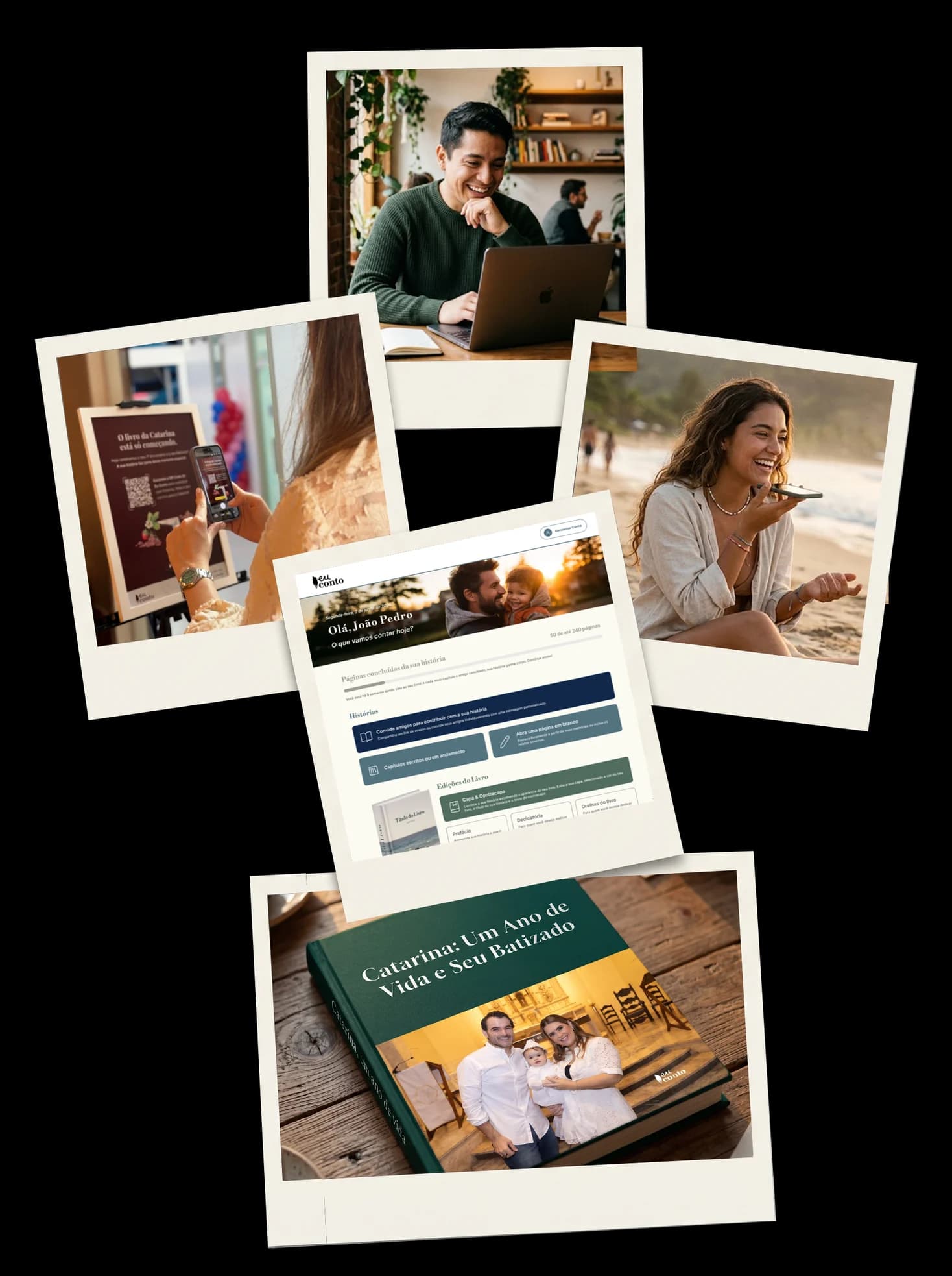 Fotos de pessoas escrevendo, o site do Eu Conto e o livro impresso